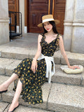 Fongt Xixi 2025 Summer New Korean Version Of High-Waisted Holiday Sling Dress V-Neck Print Pure Desire Skirt 88340