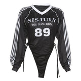 Fongt 2024 New Women's Unique Number Print Side Stripe Drawstring Design Top-Outfit