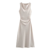Fongt Autumn Silk Hymn Feeling Sleeveless Fan Flute Dress Round Neck Fashion Party Dress