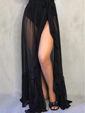 Women Mesh Sheer Beach Bikini Cover Ups Vacation Sunscreen Wrap Skirt 2023 New RufflesDot High Waist Split Bikini Cover Up-Outfit