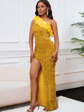 Fongt New Fashion Temperament Tagonal Banquet High Waist Open Fork Dress Dress