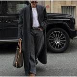 Grey Stripes Trench Long Coat-Outfit