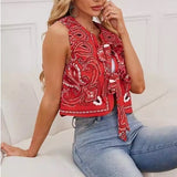 Fongt Women's Summer New Casual Wind Collar Tie With Printed Cotton Vest