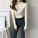 Fongt Winter Half-High Sweater Women Long Sleeve Pure Color Spring And Autumn Pit Stripe Loose Knitted Bottom