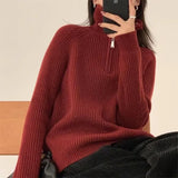 Women Rib Knitting Open Zipper Lapel Sweater 2021 Autumn Vintage Pullover Knitwear Long Sleeve Retro Ladies Knit Jumper
