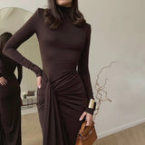 Turtleneck Long Sleeve Wrap Maxi Dress-Outfit