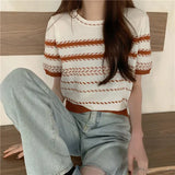 Kong Flavor Retro Chic Striped Shoulder Short Sleeve T-Shirt Girls Summer Thin Retro Thin Ice Silk Knitted Shirt
