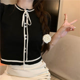 Fongt Fragrant Neckline With Black Thin Knitted Short-Sleeved T-Shirt For Women 2023 New Summer Short Ice Silk