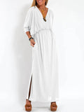 Fongt Summer 2025 Fashion Solid Color High Waist Open Fork Short Sleeve Dress