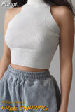 Women Ribbed Halter Tank Crop Tops Summer Spring 2023 Base T-shirt Harajuku Adults Sleeveless Solid Color Round Neck Knit