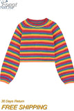 Women Colorful Striped Rainbow Knitted Sweater 2023 Autumn Winter Korean Style Casual Long Sleeve Pullover Female Crop