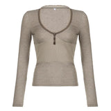 And Casual Solid Color Button Splicing Tight T-Shirt Spring / Summer 2024 New Hot Girl Style V-Collar