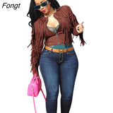Suede Leather Tassel Short Jacket Women Zipper Long Sleeve Fashion Casual Fringed Motor Biker Coat Streetwear