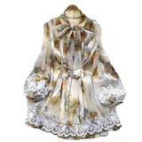 Fongt Dress Women's Neckline Bow Tie With Lantern Sleeve Lace Splicing Bright Face Chiffon Skirt Skirt Skirt