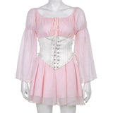 Chiffon Detachable Corset Puff Sleeve Mini Dresses-Outfit