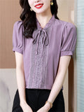 Fashion Ruffled Lacing Temperament Shirt Summer Autumn 2023 Half Sleeve Solid Color Office Lady Grace Chic Blouse