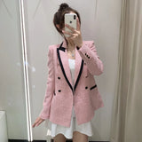 Women Fashion Double Breasted Tweed Check Blazers Coat Vintage Long Sleeve Pockets Female Outerwear Chic
