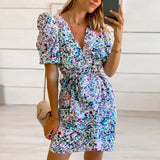 Puff Sleeve Flowers Print A Line Sashes Mini