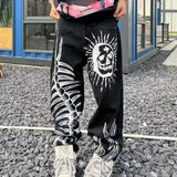 graffiti skull personalized print men jeans ins trend street couple streetwear Hip-hop straight leg loose jeans-Outfit