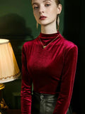 Basic Long Sleeve Tee Womens Velour Tshirt Casual Top Ladies Simple Half Turtleneck T Shirts-Outfit