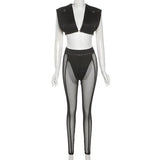 Sexy Deep V Neck Sleeveless Tank Top+High Waist Mesh Patchwork See Through Pants 2021 Summer Nippon Fashion