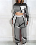 New Plus-Size Women's Wear Two Long-Sleeved Wide-Leg Trousers Printed Suit-Outfit