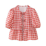 New Bubble Cuff Lace-Up Solid Color Short Blouse 1213835-Outfit
