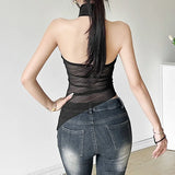 2024 Summer New Women's Wear Hanging Neck Bare Back Repair Body Mesh Perspective Irregular Small