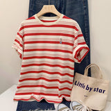 Striped Short-Sleeved Embroidered T-Shirt Women's Summer New Design Chic Loose Leisure All-Purpose Commuter