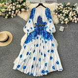 New Women's Dress Dress Oversized Printed Pleated Pleated Waist Belt Holiday Skirt-Outfit