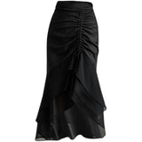 Fashion Ruffles Chiffon Voile Splicing Mermaid Skirt 2023 Elegant Office Lady Asymmetrical All-match Shirring Midi Skirts-Outfit