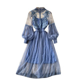 Industry Three-Dimensional Flower Net Gauze Temperament Standing Collar Lantern Sleeves High Waist Show Thin Sling Two Set Fairy Dress-Outfit
