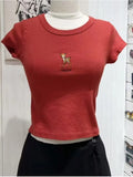 Women Soft Cotton Red Deer Embroidery Tees 2023 Summer Fashion Ladies O Neck Casual Female Short Sleeves Slim Tops-Outfit