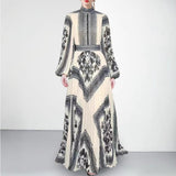 Fongt Collar Lantern Sleeve Positioning Printing Waist 100 Folds Long Dress Dress Women's Dress 2025 New
