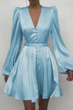 V Neck Puff Long Sleeve Mini