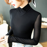 Women's Long Sleeve Elegant Half Turtleneck Tshirt Girls Soft Stretchy Mesh T-shirts Tops for Female 2023 Autumn Winter-Outfit