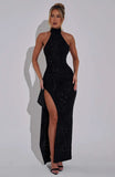 Fongt Summer New Fashion Temperament Pure Color Fine Sexy Big Side Open Side Open Shoulder Hanging Neck Dress Woman