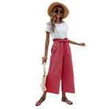 Fongt New Women's Summer Loose Waist Solid Cotton Belt Broad Leg Pants Loose Nine-Point Trousers Women