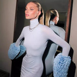Fongt 2025 Women's Dress Fashion High-Necked Long Sleeve Slim-Sleve-Wice Dressed With Thin Dress