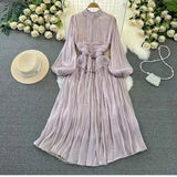 Fongt Korean Version Of The Lantern Long Sleeve To Receive The Waist Thin Folded Folded Lily Dress Seaside Long Skirt