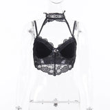 Dark Velvet Lace Romantic Mall Gothic Crop Tops Women Grunge Aesthetic Bodycon Halter Camis Black Backless Summer