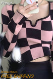 Y2K Korean Style Plaid Pink Cropped Sweater Womens Harajuku White Knitted Crewneck Jumper Pullover Female Slim Sexy