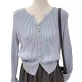 Gentle Style Sweater Spring And Autumn New Solid Color Gold Button V Neckline Sweater Cardigan Short Outer Coat-Outfit