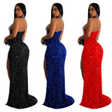 Fashion Women's Solid Color Hot Diamond Sequins Sleeveless Long Skirt Dress-Outfit