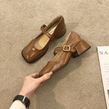 Retro Temperament Square Head Thick With Mary Jane Shoes Small Leather Shoes Female A Word Button Evening Evening Match Skirt Commuting Single Shoes-Outfit