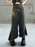 Ripped Star Pattern Vintage Grunge Midi Skirts Womens Aesthetic Y2K Clothes Low Waist Split Denim Trumpet/Mermaid