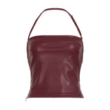 Fongt Cloth Forgets Locomotive Wind Girl Wine PU Spliced Shoulder Hanging Neck Vest Hot Sexy Outer Wear On-Back