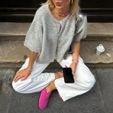 Button Up Short Sleeve Cardigan-Outfit