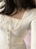 Fleece Bow-Neck Ribbed Lace Blouse-Outfit
