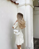 White Knit Short Sleeve Buttoned Mini Dress-Outfit